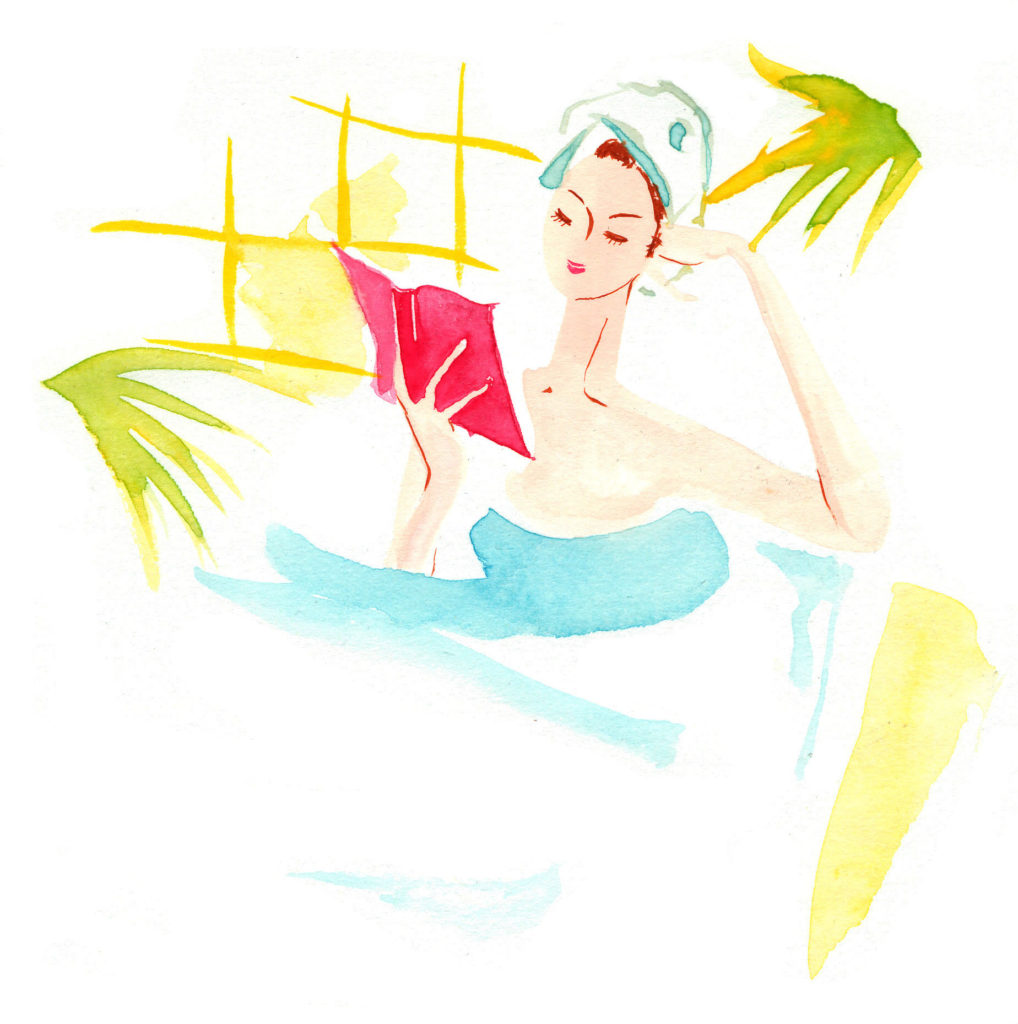 新陳代謝を上げるために湯船に浸かりながらゆっくり読書をして汗をかいている女性の絵